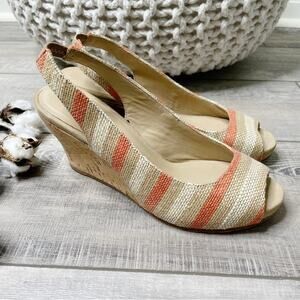 Eileen Fisher Striped Woven Sling Back Peep Toe Cork Wedges Orange Natural 7.5M